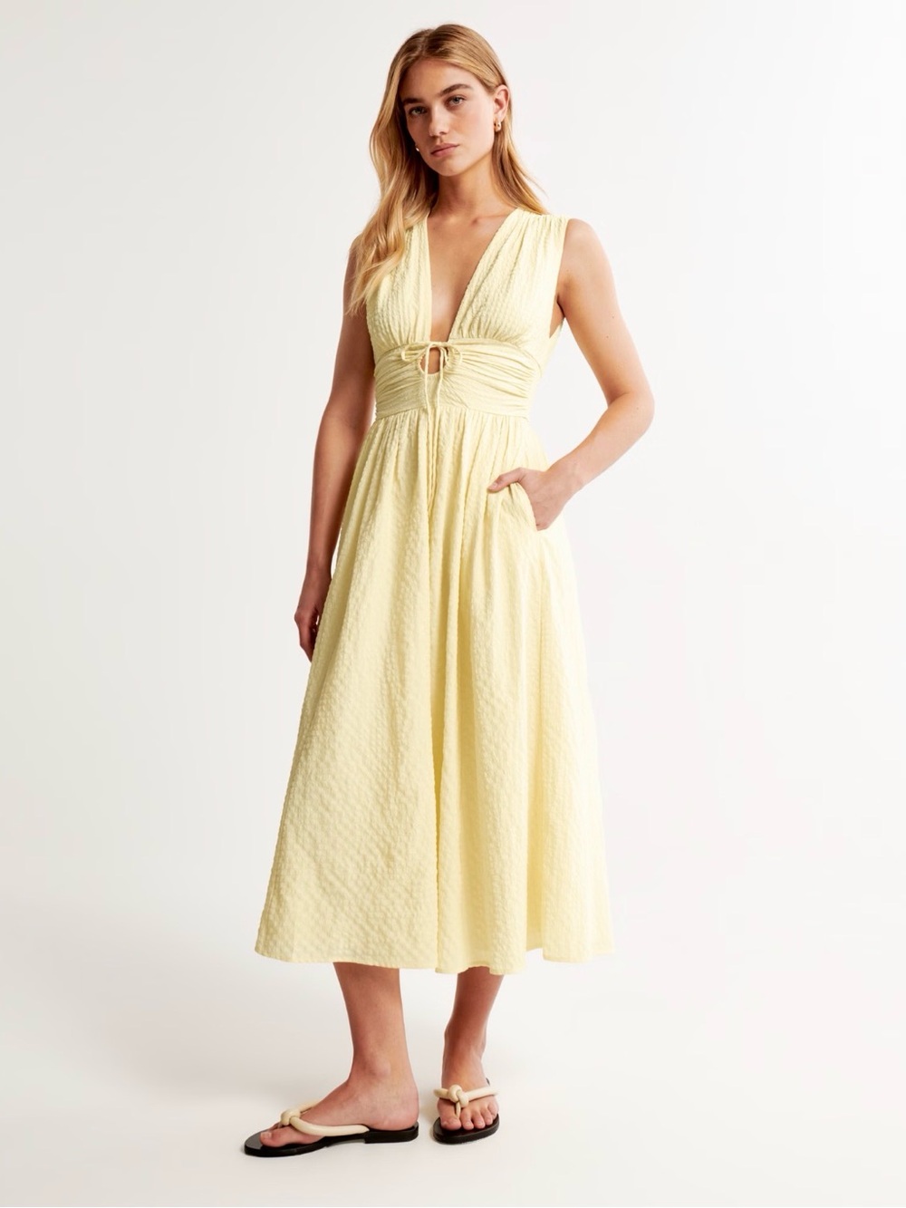 Abercrombie & Fitch Seersucker Light Yellow Textured Deep V Midi Dress Tie Front